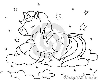 Cute cartoon unicorn sleeping on clouds. Black and white illustration for coloring book Vector Illustration